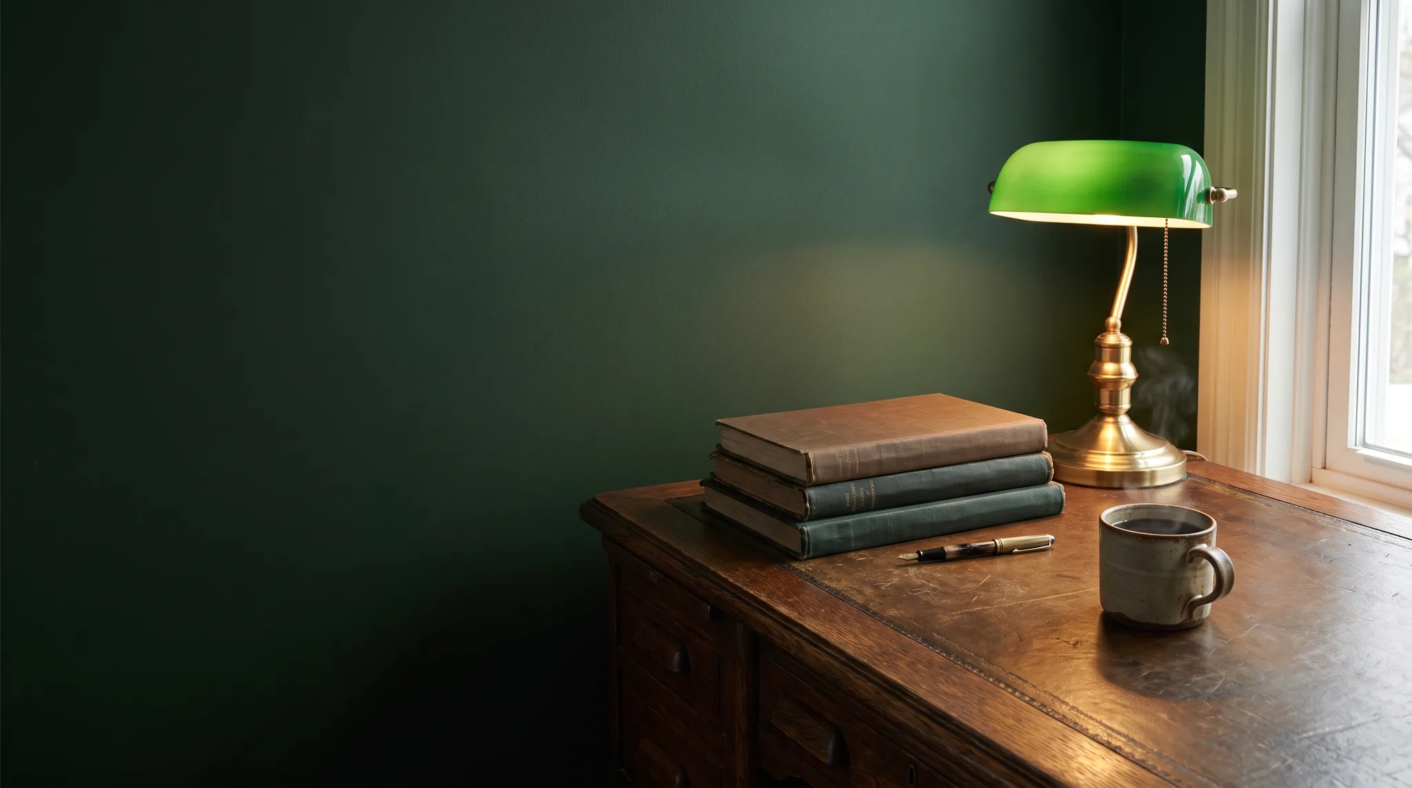An editorial still life of ledgers, a brass desk lamp, and papers against a forest green wall