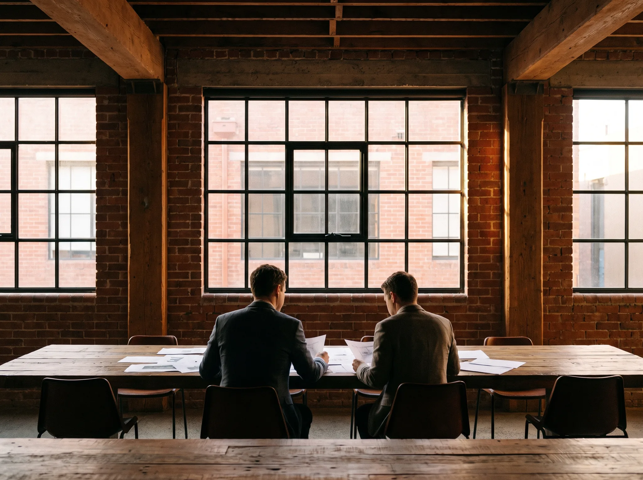 The Meridian office in a Richmond warehouse conversion, staff at work seen from behind
